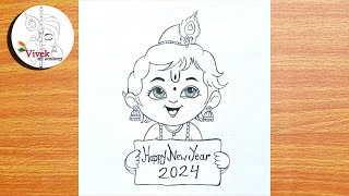 Bal Krishna Drawing wishing Happy New Year 2024  New Year Pencil Sketch for Beginners [upl. by Lauhsoj]