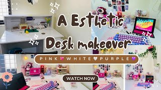 Aesthetic desk makeover  cleaning desk  pink purple theme 🤍💜💖 [upl. by Ojeibbob]