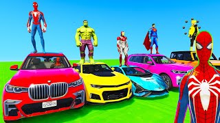 SPIDERMAN CARS Racing MOUNTAIN MEGA Ramp Challenge  SUPERHEROES HULK GOKU Epic Stunt Race  GTA 5 [upl. by Geldens]