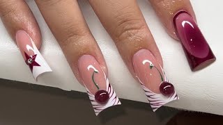 Duck Shape French Zebra Print 3D Cherries Acrylic Nails Refill [upl. by Borlow]