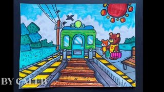 How to Draw a Perspective  One Point Perspective  A Railway Station Drawing🚉 一点透视 [upl. by Lory]