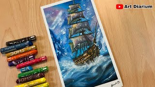 Oil Pastel Art  Drawing a Ship in a Stormy Night Sea  STEP by STEP [upl. by Huttan393]