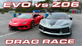 Z06 out launches my EVO AWD  Chevrolet Corvette C8 Z06 vs Lamborghini Huracan 14 Mile DRAG RACE [upl. by Reyem]