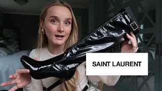 YSL SAINT LAURENT ELLE KNEE HIGH BOOTS IN VINYL BLACK  UNBOXING REVIEW amp TRYON [upl. by Enortna757]