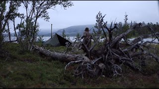 3 days solo bushcraft camping trip  northern wilderness fishing canoeing Lavvu wood stove etc [upl. by Linoel]