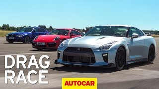 Litchfield Nissan GTR vs BMW M5 vs Porsche 911 Turbo S drag race  Autocar [upl. by Iduj879]