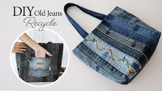 DIY old jeans recycle Tote Bag  Sewing  Tutorial 264 [upl. by Trebleda]