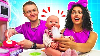 Feeding baby doll amp pretend play cooking toy food for dolls Familyfun video for kids [upl. by Tadeo]