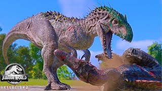 INDOMINUS REX vs SPINOSAURUS amp CARCHARODONTOSAURUS Fighting in Jurassic World Evolution 2 [upl. by Bannasch]