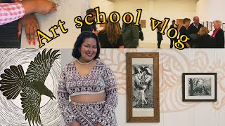 Art School Vlog  MA Fine Art degree show linocut preparation and private view [upl. by Nniroc]