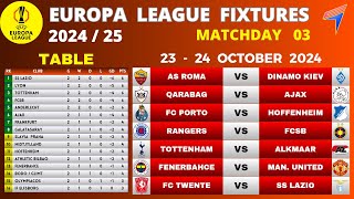 EUROPA LEAGUE FIXTURES  Matchday 3 • EUROPA Table Standings Today • EUROPA Table Today 202425 [upl. by Marte]