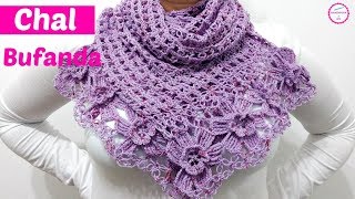 CÓMO TEJER BUFANDA A CROCHET CON FLORES [upl. by Ydnec]