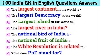 100 Important GK Questions and Answers  India GK In English Questions Answer  General Knowledge GK [upl. by Lyons67]