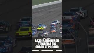 Contact between Corey LaJoie and Kyle Busch triggers a big crash at Pocono 😰NASCAR pocono [upl. by Werdnaed]