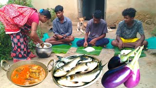 SMALL FISH curry with BRINJAL cooking in traditional method by tribe family l Village life [upl. by Ezzo]