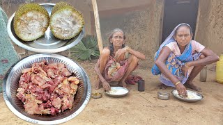 Village poor old Grandma cooking DESI COUNTRY CHICKEN with JACKFRUIT amp eating with rice Rural life [upl. by Persson]