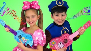 Sasha and Max plays Toy Guitar Music Challenge and sing Kids Nursery rhymes Songs [upl. by Llednew]