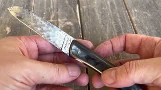 40 seconds French knife review L08 carbon damascus handle and damasteel blade [upl. by Aienahs]