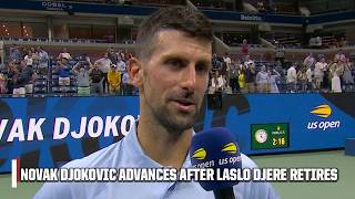 Novak Djokovic advances after Laslo Djere retires due to injury  2024 US Open [upl. by Atteuqaj746]