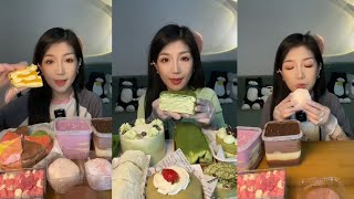 Asmr Crepe CakeMatcha CakeChocolate CakeTowel Roll CakeMochiEating Cream Cake🍰Mukbang [upl. by Eilsil]