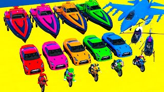 GTA V Mega Ramp Boats Cars Motorcycle with Trevor and Friends New Stunt Map Challenge [upl. by Deb]