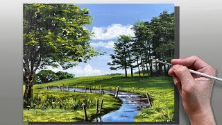 How to Paint Stream Meadow Landscape  StepbyStep Acrylic Painting  Correa Art [upl. by Aikaz490]