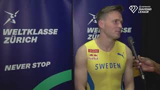 Karsten Warholm Loses Bet With Mondo Duplantis Wears Sweden Kit At Weltklasse Zurich Interview [upl. by Aubyn689]