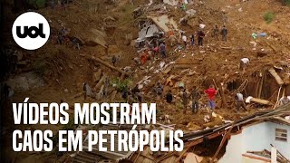 Petrópolis vídeos mostram deslizamentos carros arrastados e destruição [upl. by Ahsinelg]