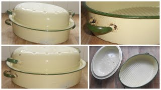 Vintage Enamel Casserole Cooking Oven Dish Roasting Tin Pan 2 Part Cream amp Green [upl. by Itsyrk96]