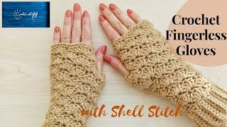 Crochet Fingerless Gloves with Shell Stitch  Beginner Friendly Tutorials [upl. by Ilram516]