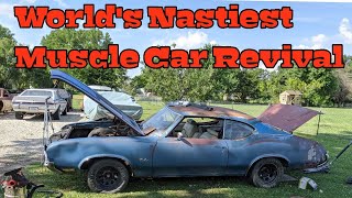 Worlds Nastiest Muscle Car Revival  71 Oldsmobile Cutlass Field Find Part 1 [upl. by Enra]