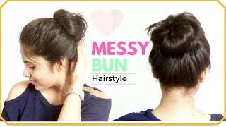 1 Minute EASY Everyday Messy Bun Hairstyle  Simple Bun Hair Tutorial for Medium hair [upl. by Anaizit324]