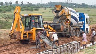 Concrete Mixer Truck cannot give Directly Helps JCB 3DX Grips it Spills it Constructing Pond Shore [upl. by Narmak]