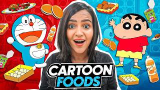 Eating our FAVORITE CARTOON FOODS for 24 hours SHINCHAN DOREMON Scooby [upl. by Naujuj245]