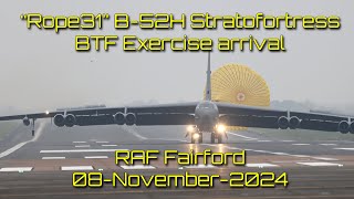 The delayed B52H Stratofortress Rope31 arriving at RAF Fairford 08November24 aviation [upl. by Atsirc19]