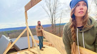 RIDGE BEAM Installation  35 Foot Peak of our AFrame Cabin Build [upl. by Bierman789]