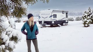 HUNKERING DOWN IN A SNOW STORM Cozy in my Trailer  Living in a Travel Trailer  Winter Camping [upl. by Riki]