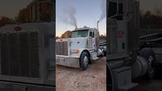 Peterbilt 379 lowboy 🥶 startup peterbilt diesel caterpillar [upl. by Maury156]