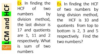 In finding the HCF of two numbers by division method the last divisor is 17 and quotients are 1 11 [upl. by El]