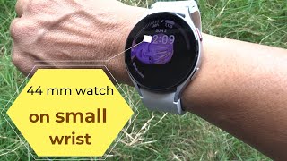 How does the 44mm Samsung Galaxy watch 4 look on a small wrist [upl. by Annaiuq]