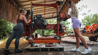 Two Beautiful Blondes Cutting Dimensional Lumber On The Sawmill [upl. by Settera]