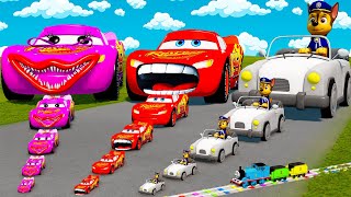 Big amp Small Lightning Mcqueen vs Pink McQueen Eater Monster vs Chase in Paw Patrol 🐾  BeamNGDrive [upl. by Lail]