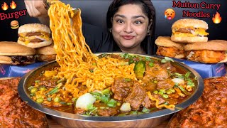 SPICY SCHEZWAN MUTTON CURRY NOODLES AND CHICKEN BURGERS WITH BUTTER CHICKEN  ASMR EATING SHOW [upl. by Icak]