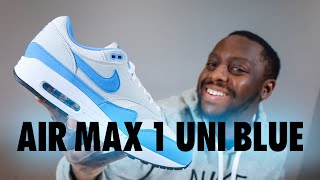 Nike Air Max 1 University Blue On Foot Sneaker Review QuickSchopes 607 Schopes FD9082 103 [upl. by Acinorej]