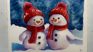 Watercolor Christmas card painting Tutorial  Snowman couple [upl. by Web]