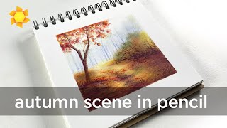 Drawing Beautiful Autumn Scene in Colored Pencil [upl. by Emmeline]