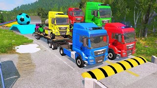 Double Flatbed Trailer Truck vs Speedbumps Train vs Cars  Tractor vs Train BeamngDrive 050 [upl. by Saunderson]