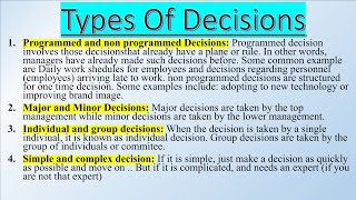 Types Of Decisions  Principles of management  Decision making process  Important for aktu mba [upl. by Chavez]