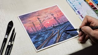 Lines to cross  Sunset watercolor painting  How to paint railway tracks tutorial [upl. by Yaeger]