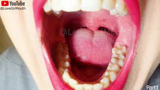 Girl with beautiful mouth lipstick and teeth chewing a chewy candy with her molars tongue uvula [upl. by Boorman]